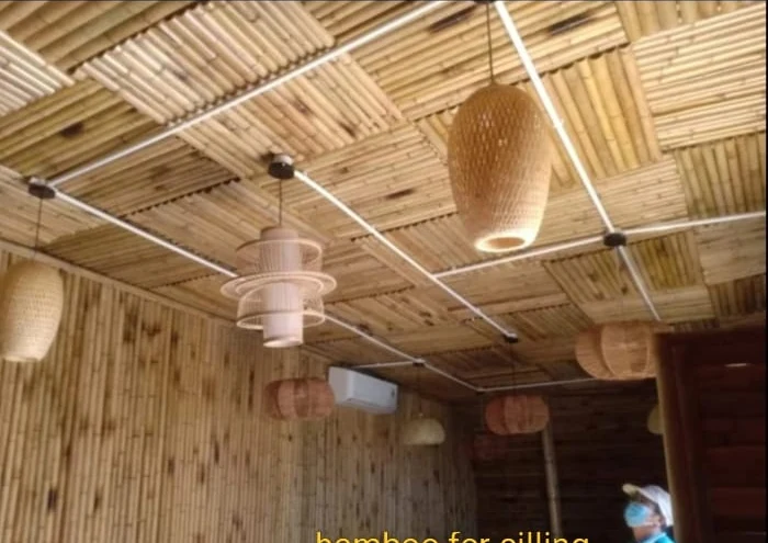 Commercial Bamboo Slats False Ceiling with Wicker Pendant Lighting