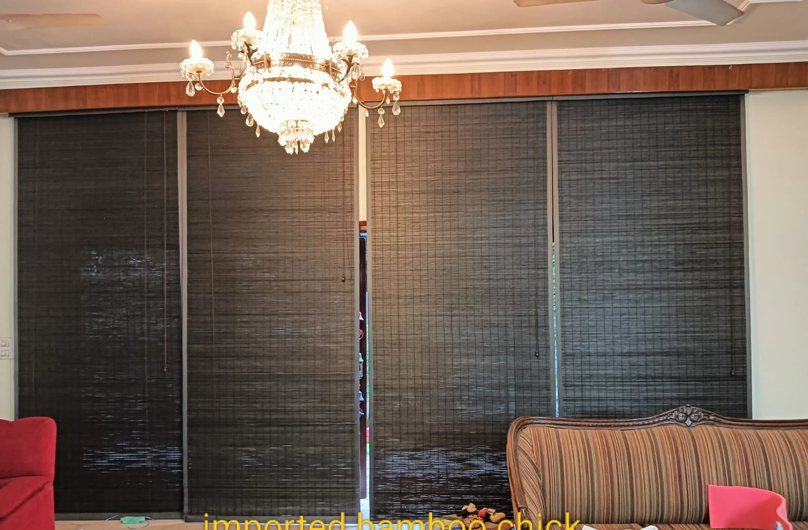 Designer Charcoal Imported Woven Wood Blinds for Double-Height Glass Walls