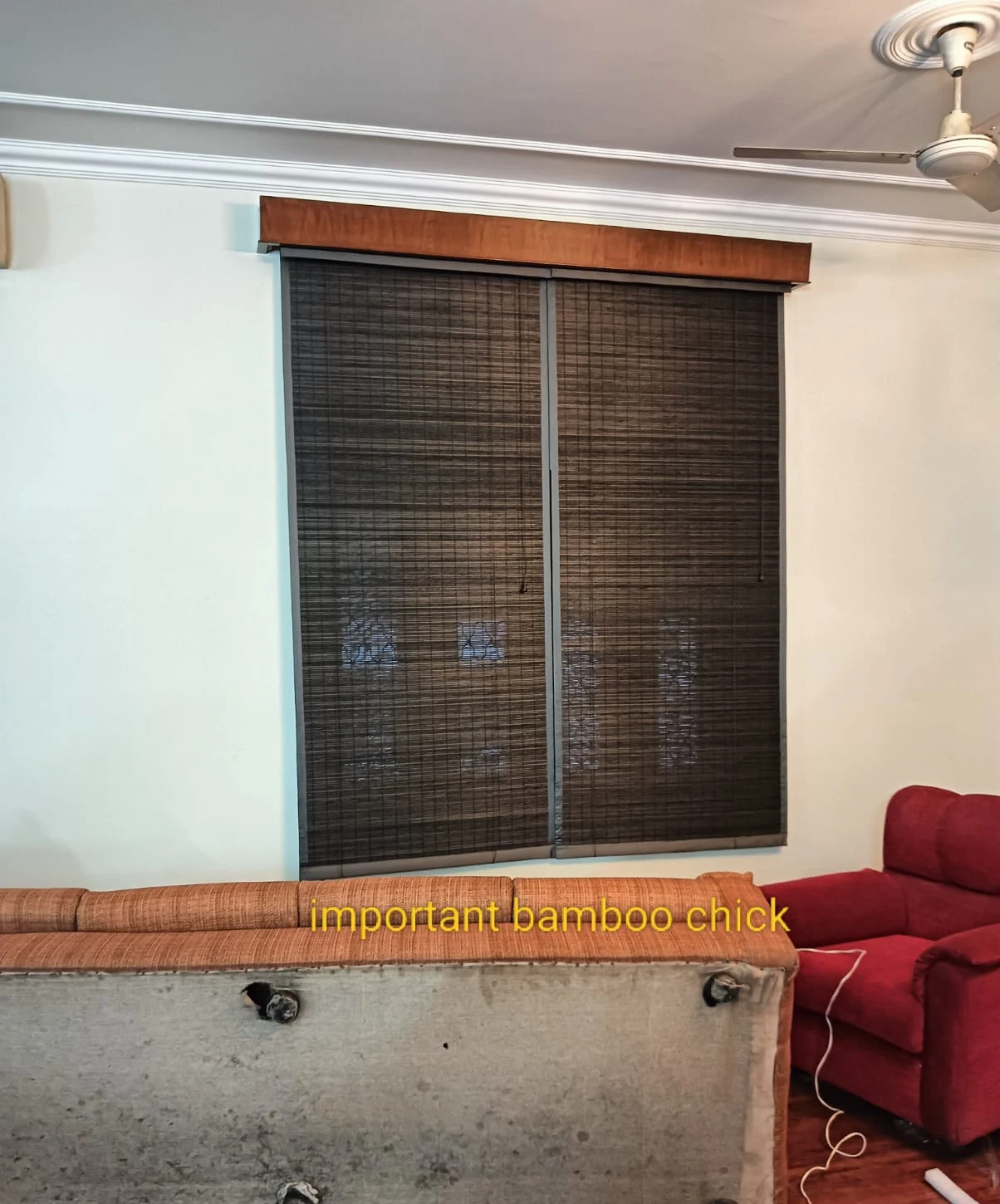 Imported Charcoal Woven Wood Chick Blinds with Solid Teakwood Pelmet Box