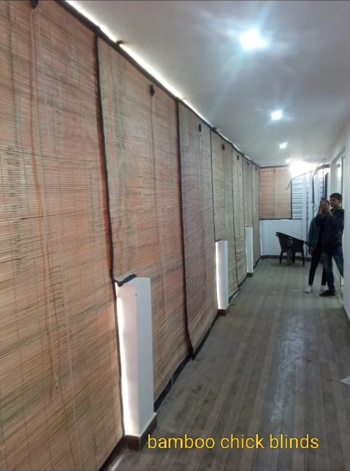 Commercial Full-Length Corridor Bamboo Chick Blinds with Backlit Sconces